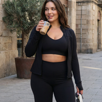 Women's Seen 3-piece set with flare pants, sports bra, and jacket displayed together in a stylish activewear outfit.