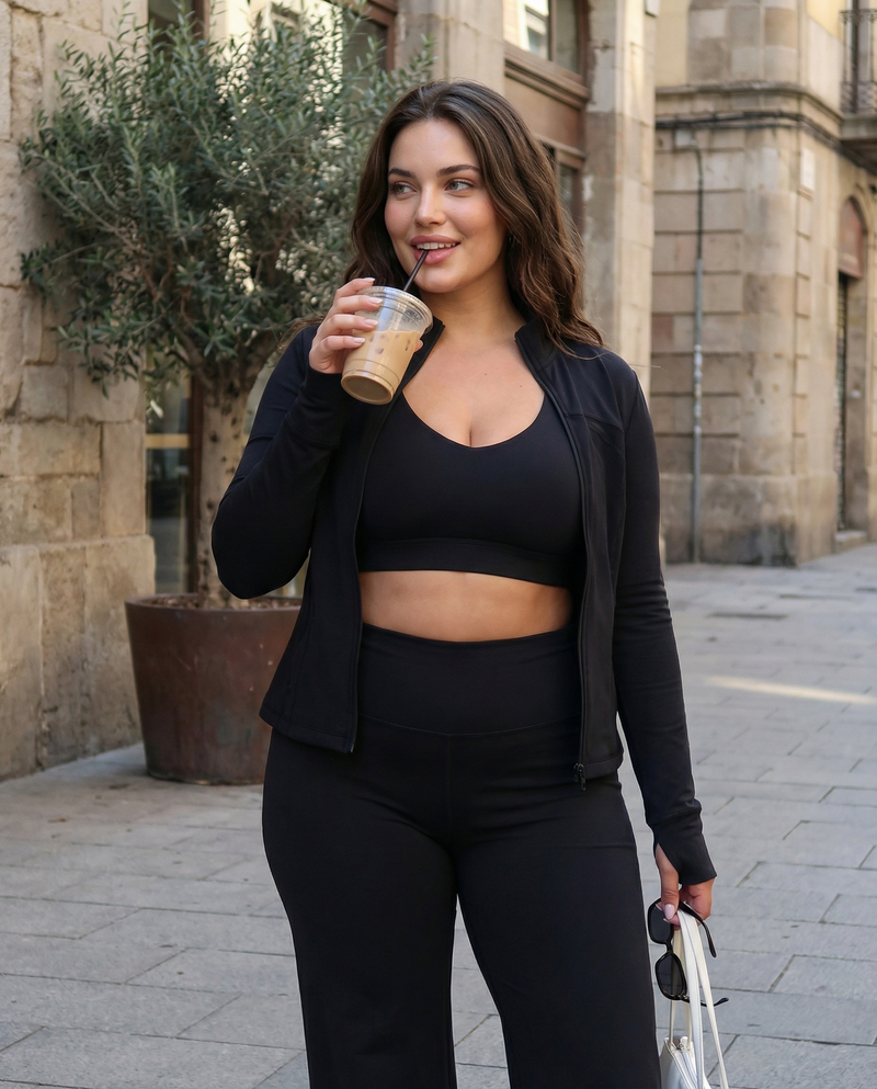 Women's Seen 3-piece set with flare pants, sports bra, and jacket displayed together in a stylish activewear outfit.