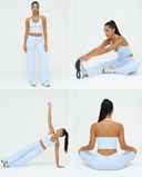 Seen flare yoga pants set with high waist and halter sports bra, featuring a stylish, comfortable activewear look.