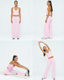 Seen flare yoga pants set with high waist and halter sports bra, featuring stretchy fabric and stylish design for activewear.