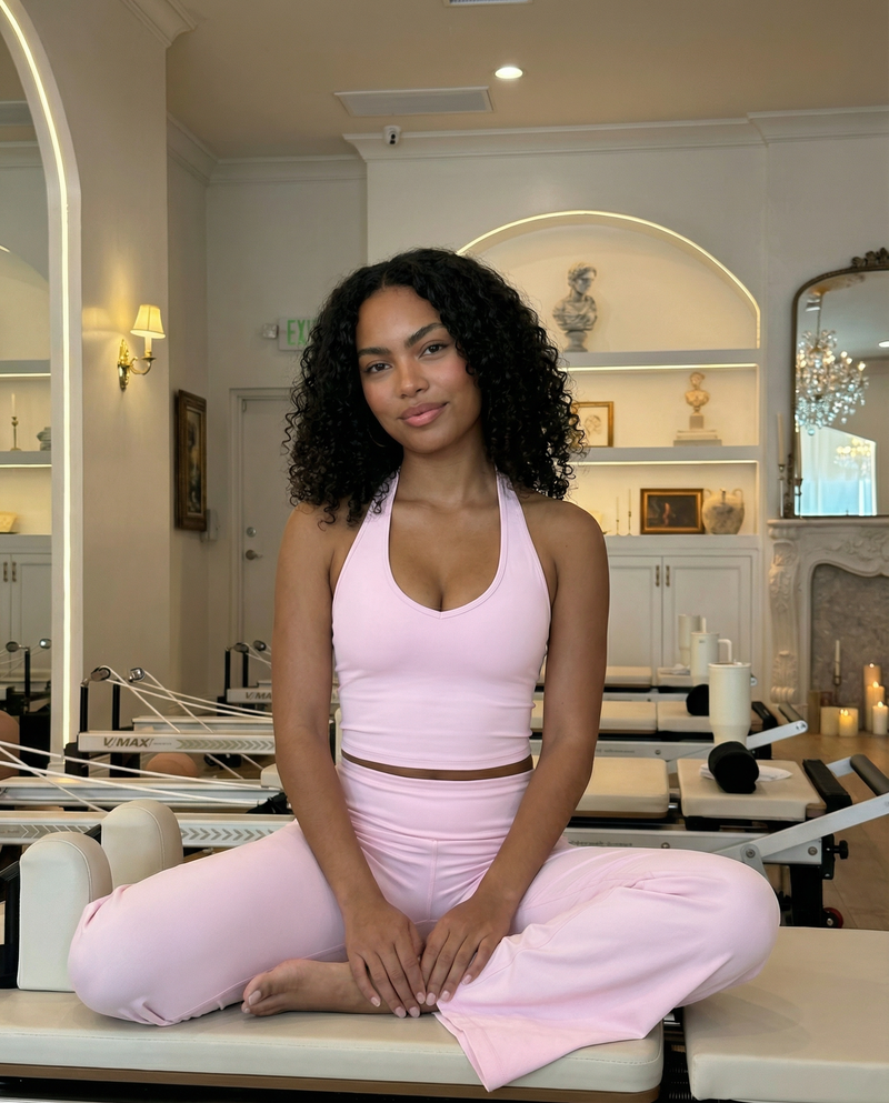 Seen flare yoga pants set with high waist and halter sports bra, featuring flowy pant legs and supportive athletic top.