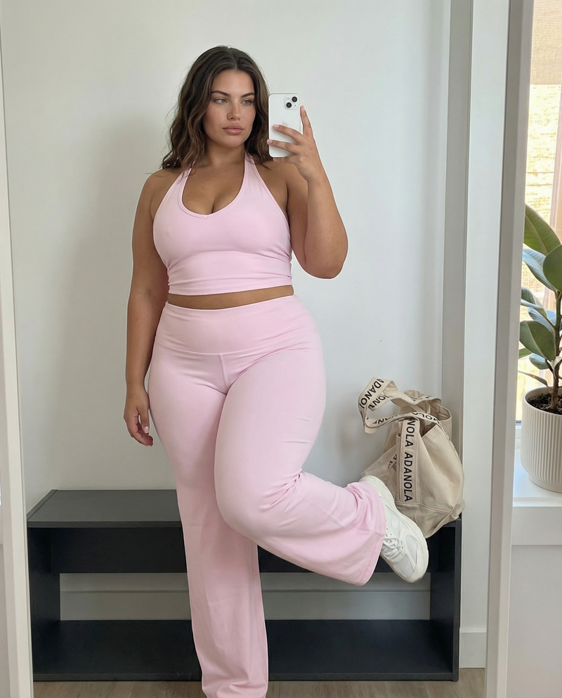 Seen flare yoga pants set with high waist and halter sports bra, featuring a stylish and comfortable activewear design.