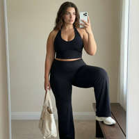 Seen women's sports top with halter neck, seamless sculpting fit, part of activewear set, designed for comfortable movement.