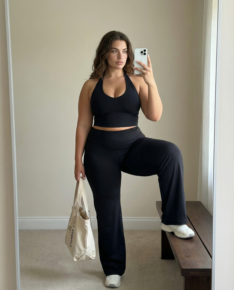 Seen women's sports top with halter neck, seamless sculpting fit, part of activewear set, designed for comfortable movement.