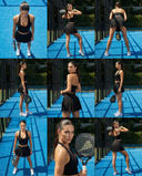 Seen women's tennis skirt set with high waist tennis skirt and halter crop top, shown in black fabric with athletic fit.