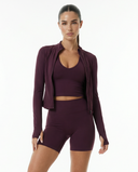 Seen women's 3-piece workout set featuring a jacket, sports bra, and shorts, perfect for activewear and fitness activities.