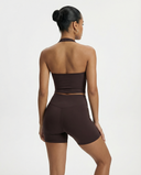 Seen women's activewear set with halter top and high waist shorts, perfect for workout and fitness activities.