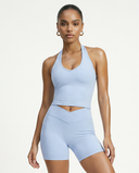 Seen women's activewear set with halter top and high waist shorts, displayed on a neutral background.