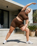 Seen SculptFit crop top and shorts activewear set in brown, featuring a comfortable, stylish women's athletic outfit.