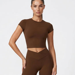 SculptFit Crop Top Shorts Set in Brown