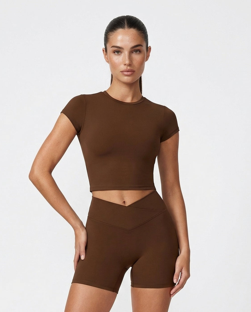 SculptFit Crop Top Shorts Set in Brown