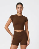 Seen women's activewear set featuring a brown crop top and shorts, perfect for workouts and casual wear.