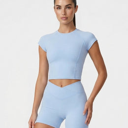 SculptFit Crop Top Shorts Set in Light Blue