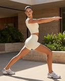 Seen SculptFit beige crop top and shorts set for women, activewear with a fitted crop top and matching high-waisted shorts.
