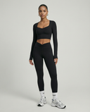 Seen women's activewear set with long sleeve top and high waist leggings, in a sleek, fitted design for workout and casual wear.