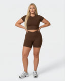 Seen SculptFit crop top and shorts set in brown, women's activewear with a fitted crop top and matching athletic shorts.