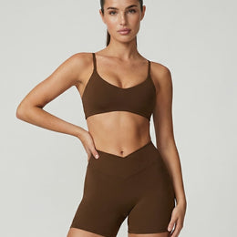 Crossover High Waist Shorts Set in Brown