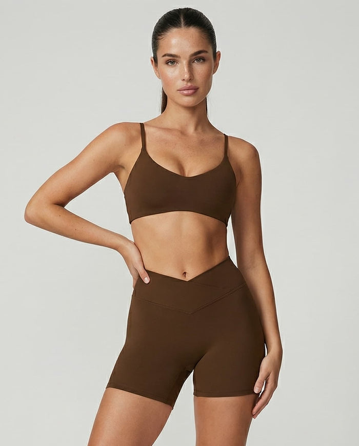 Crossover High Waist Shorts Set in Brown