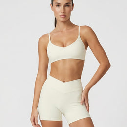 Crossover High Waist Shorts Set in Beige