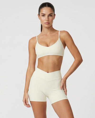 Crossover High Waist Shorts Set in Beige