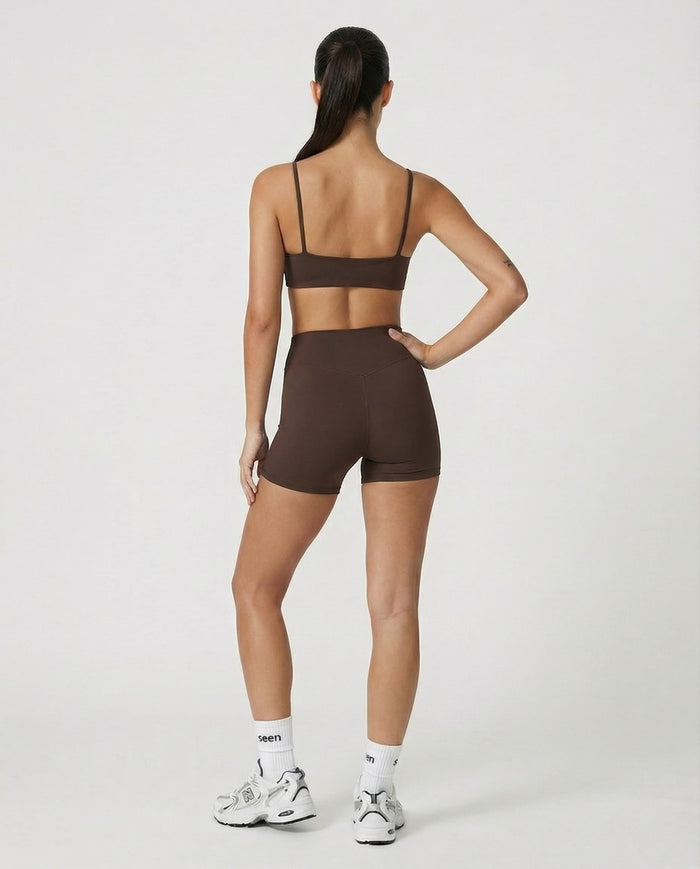 Crossover High Waist Shorts Set in Brown