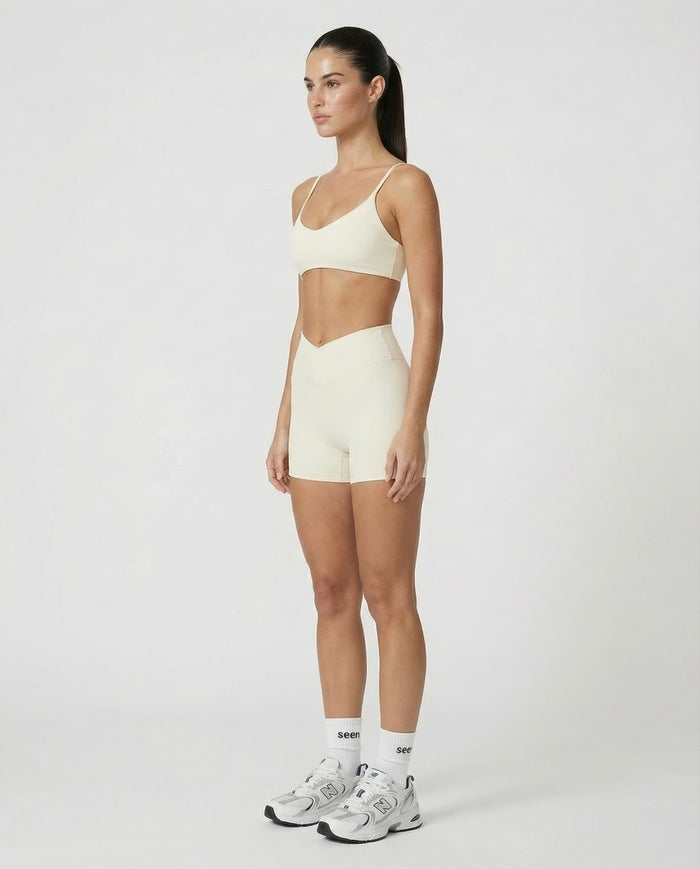 Crossover High Waist Shorts Set in Beige