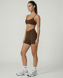 Crossover High Waist Shorts Set in Brown
