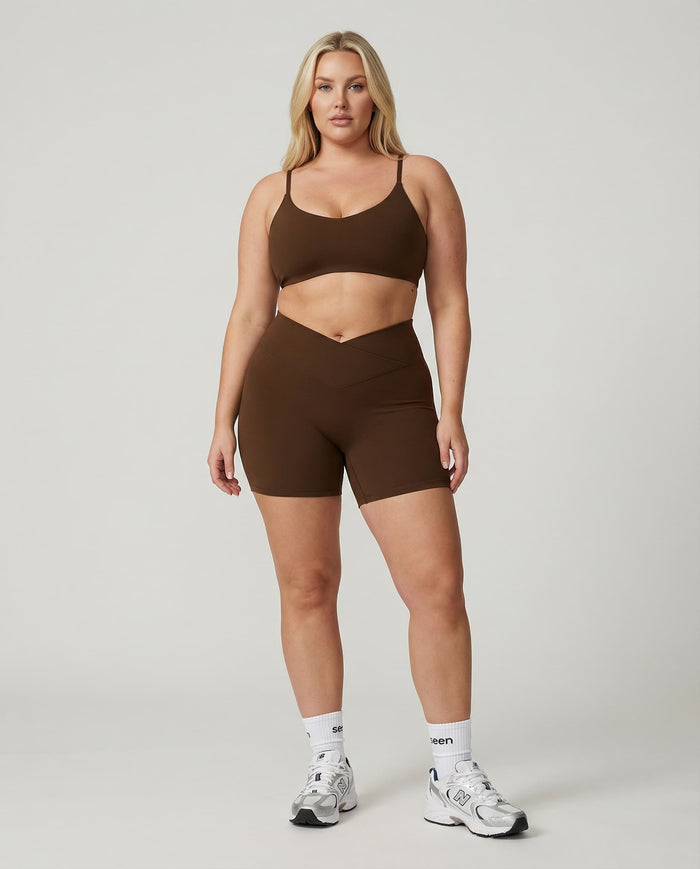 Crossover High Waist Shorts Set in Brown