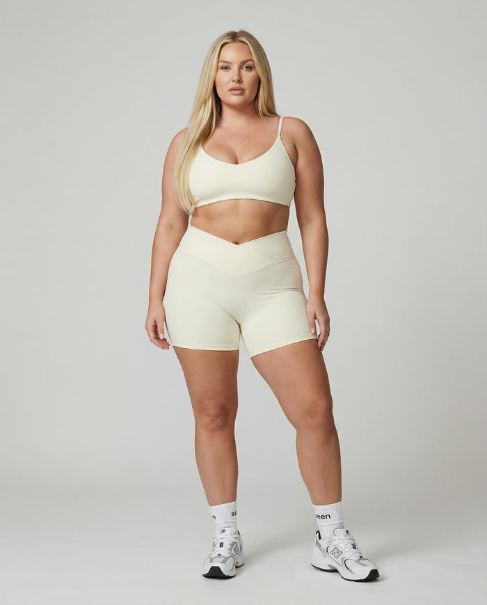 Crossover High Waist Shorts Set in Beige