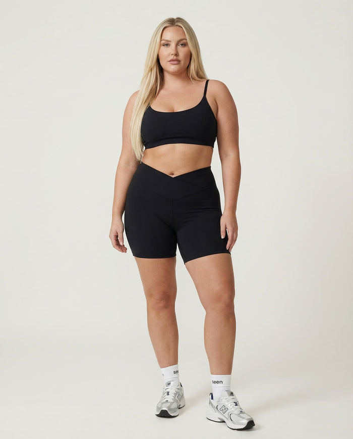 Crossover High Waist Shorts Set in Black