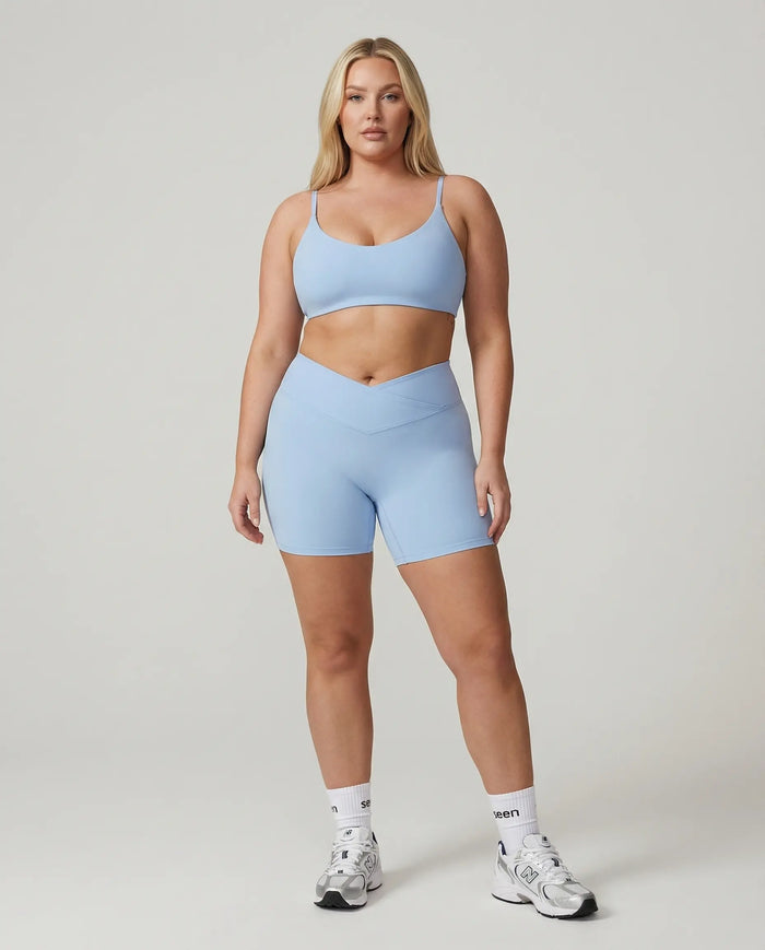 Crossover High Waist Shorts Set in Light Blue