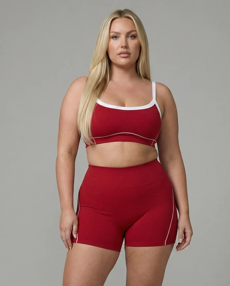 Cherry Red Contrast Trim Biker Short Set