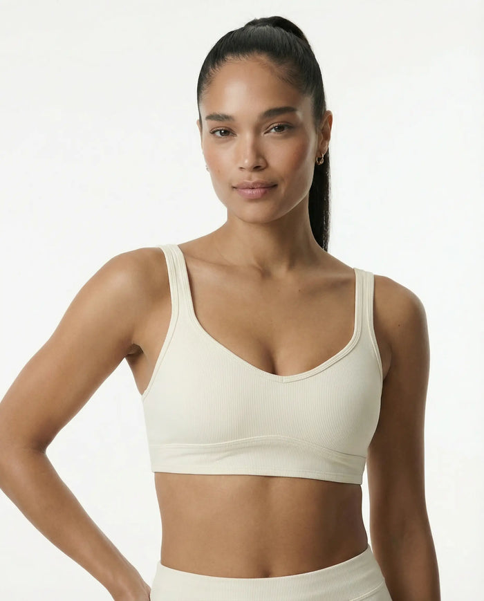 Sports Bra Women Ribbed Scoop Neck Seamless Gym