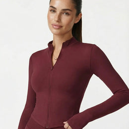 Burgundy Zip Jacket Women Seamless Fitted Cropped