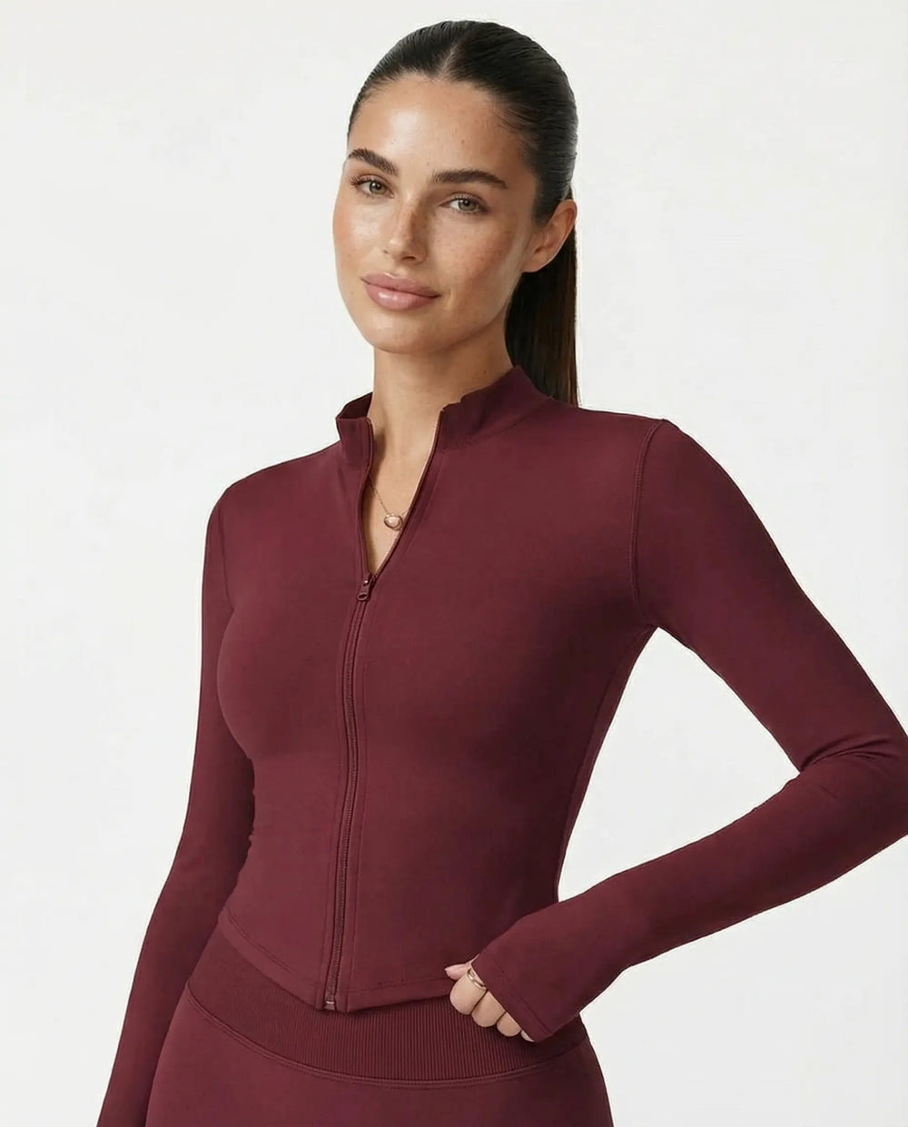 Burgundy Zip Jacket Women Seamless Fitted Cropped