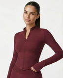 Burgundy Zip Jacket Women Seamless Fitted Cropped