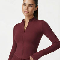 Burgundy Zip Jacket Women Seamless Fitted Cropped