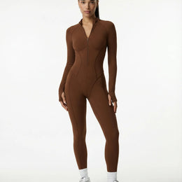 Sculpted Second Skin Jumpsuit Brown Women One Piece Stretch Fabric