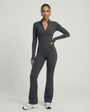 Sculpting Flare Jumpsuit Women Ribbed Half Zip