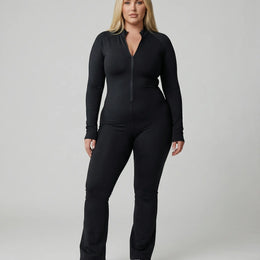 Sculpting Flare Jumpsuit Women Ribbed Half Zip