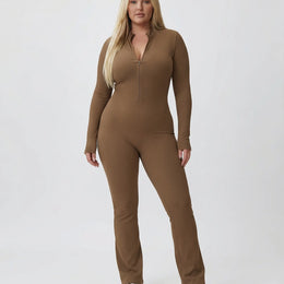 Sculpting Flare Jumpsuit Women Ribbed Half Zip