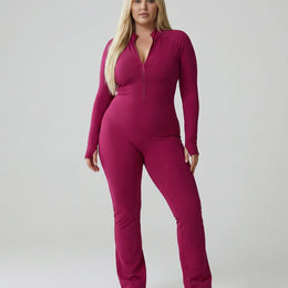 Sculpting Flare Jumpsuit Women Ribbed Half Zip