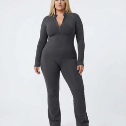 Sculpting Flare Jumpsuit Women Ribbed Half Zip