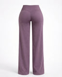 Mauve high waist crossover wide leg leggings back view, ghost mannequin showing V-waistband detail
