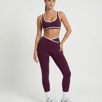 Woman wearing seamless sculpt activewear set with high waist leggings and supportive sports bra designed for gym, yoga, and athleisure wear.