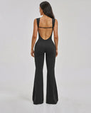 Ghost mannequin back view of the black backless bodysuit highlighting the open back cut and clean strap detail.