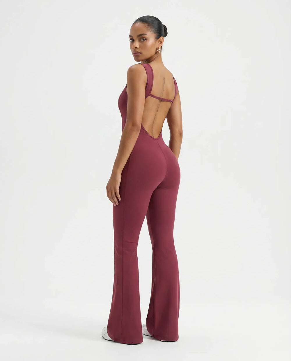 Women Sculpting Flare Jumpsuit Full Length Bodysuit Burgundy