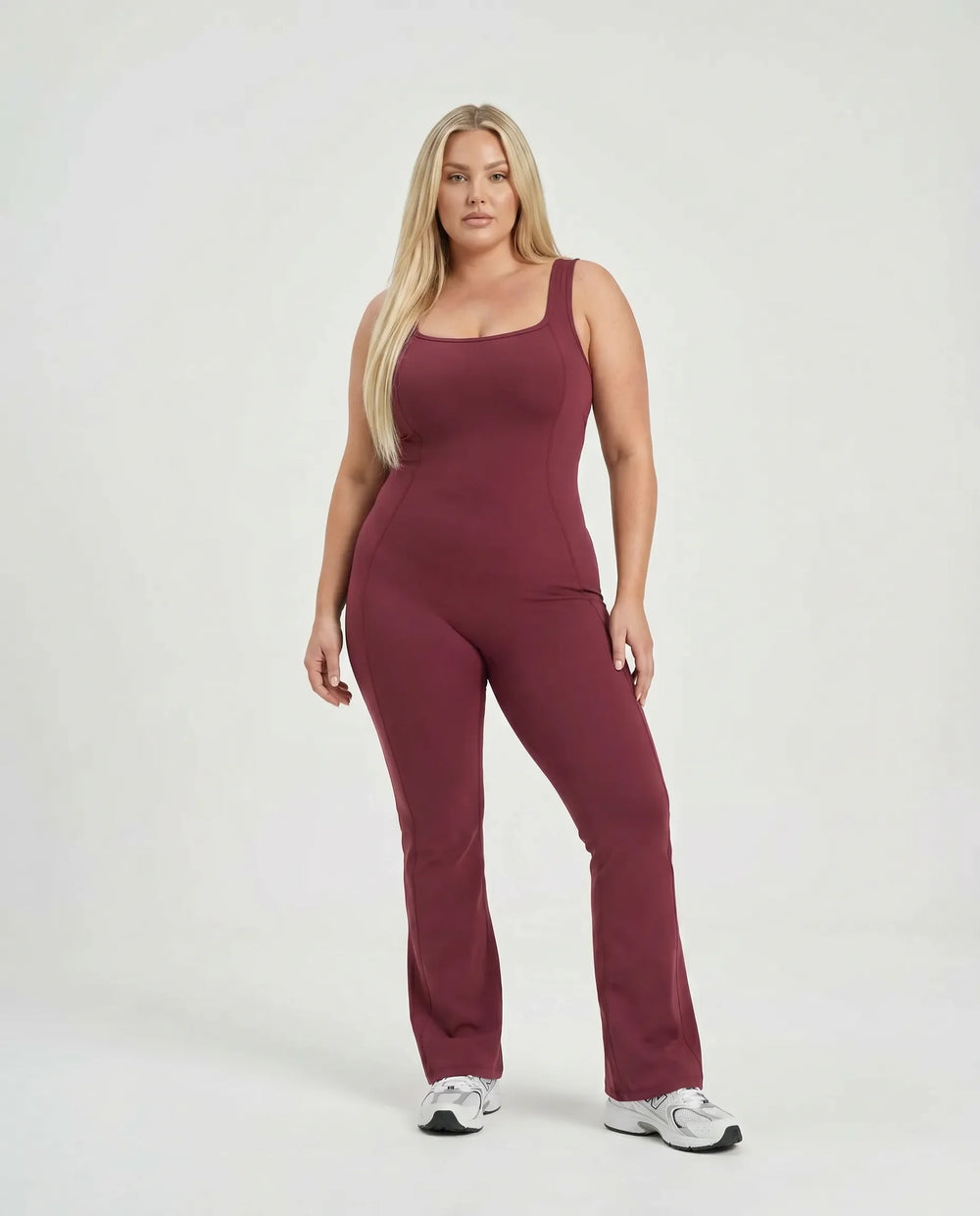 Women Sculpting Flare Jumpsuit Full Length Bodysuit Burgundy
