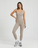 Front view of gray backless sculpting bodysuit on ghost mannequin showing sweetheart neckline and full-length silhouette.
