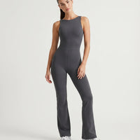 Ghost mannequin front view of the ash backless flare bodysuit showing the high neckline and flared leg silhouette.